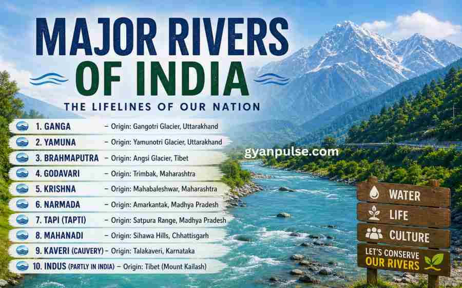 Major Rivers of India and their origin, List with Statewise
